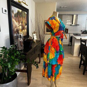 N.R.1 2-piece vibrant tropical floral full skirt & tie-front short sleeve top